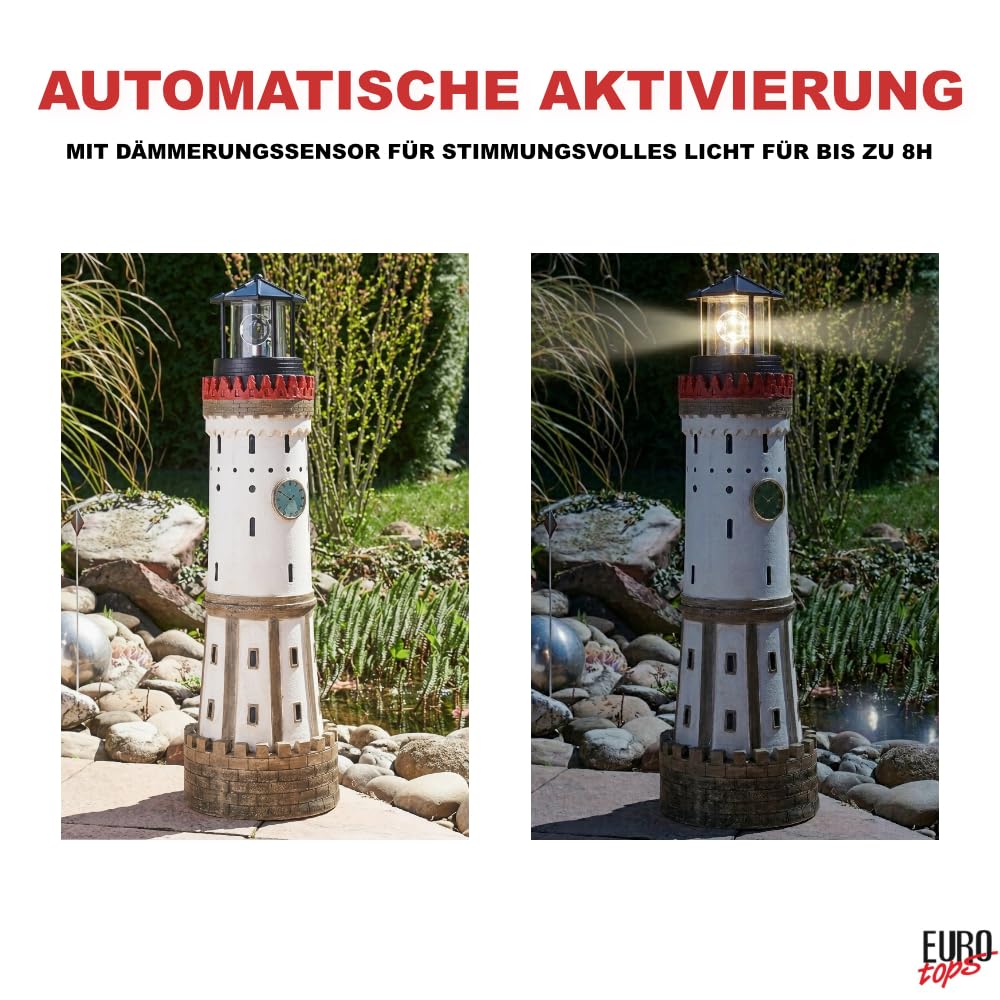 EUROtops Solar Leuchtturm „Lindau“ – handbemalte Deko für Garten & Terrasse, rotierendes LED-Leuchtfeuer, Solarlicht mit Dämmerungssensor, 84 cm