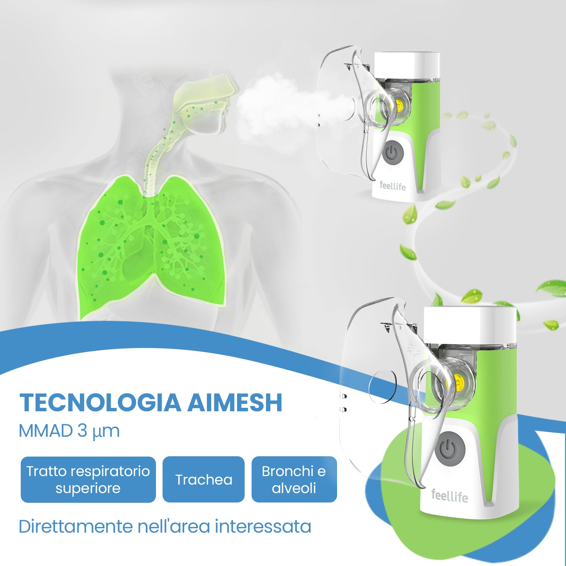 FEELLIFE Aerosol Portatile Silenzioso,Aerosol Portatile per Adulti e Bambini, Aerosol Ricaricabile con 2 Maschere E Boccaglio E Parte Sostituibile-Verde
