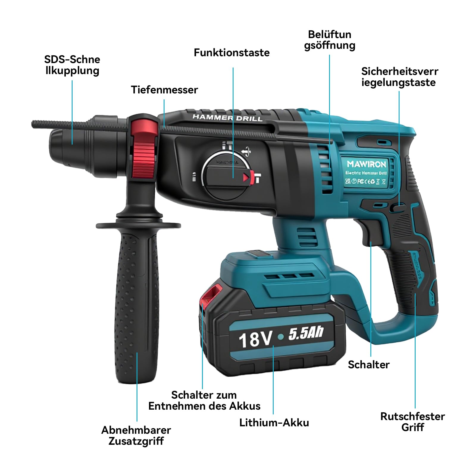 Martello perforatore a batteria SDS-Plus, motore senza spazzole, funzioni 3 in 1 (trapano/foratura a martello/scalpello), con 2 batterie da 5,0 Ah e caricabatterie rapido, potenza massima di foratura