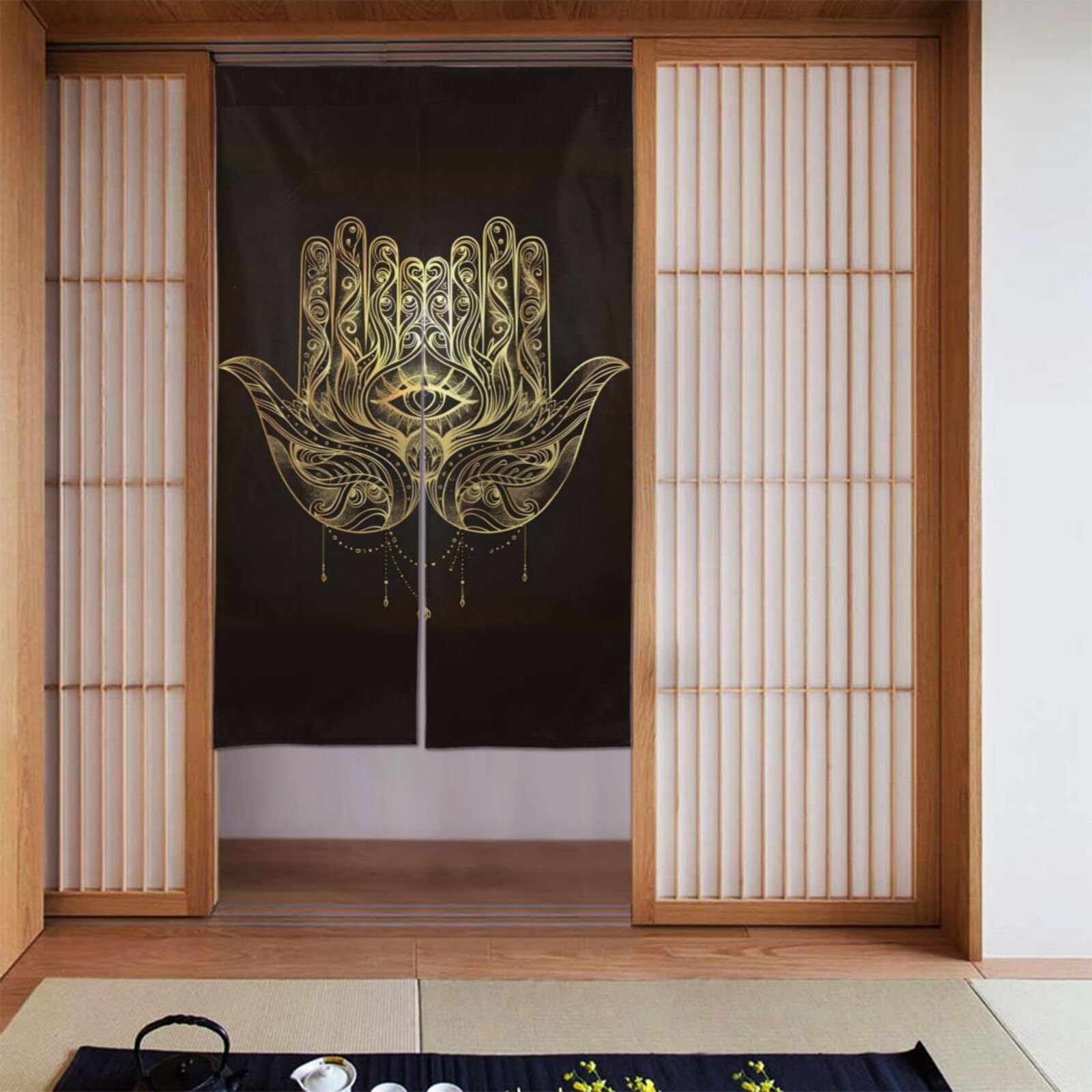 Lukiyys Golden Indian Fatima Hamsa Hand Evil Eye Mandala Door Curtains,Doorways Curtains for Windows,Bedroom Divider 34"X 56"