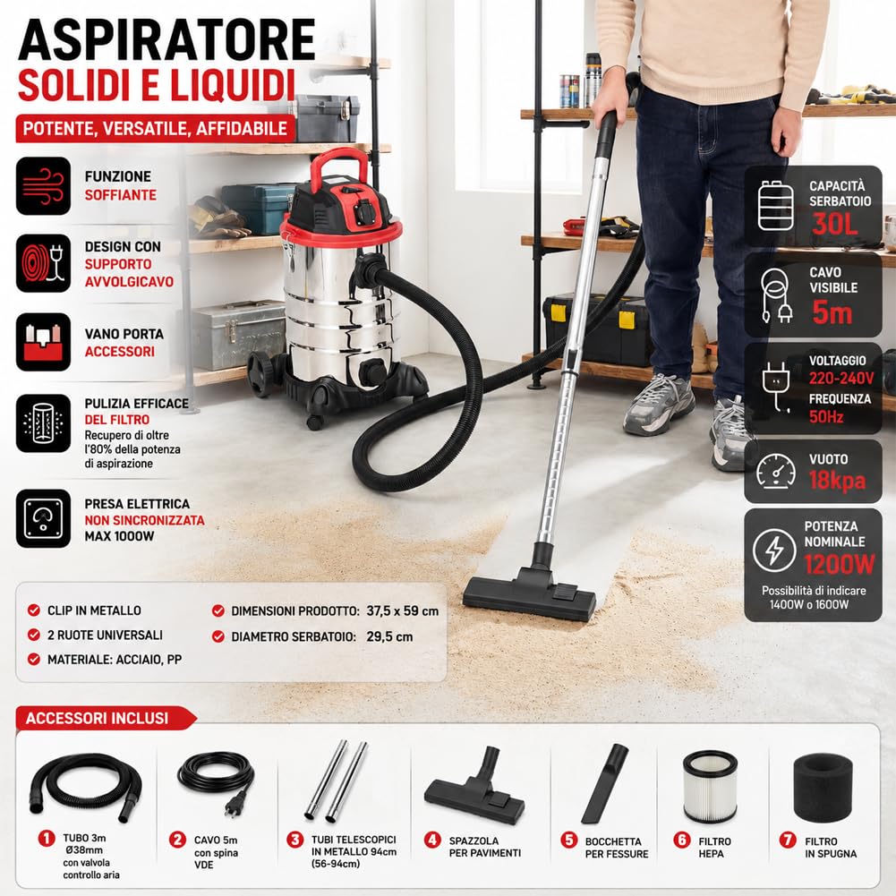 BAKAJI Aspirapolvere Professionale per Liquidi e Solidi Potenza 1200 W, Aspiratutto Aspiraliquidi con Filtro Interno, Filtro HEPA, Tubo Aspirante Flessibile e Bidone in Acciaio Inox da 30 Litri