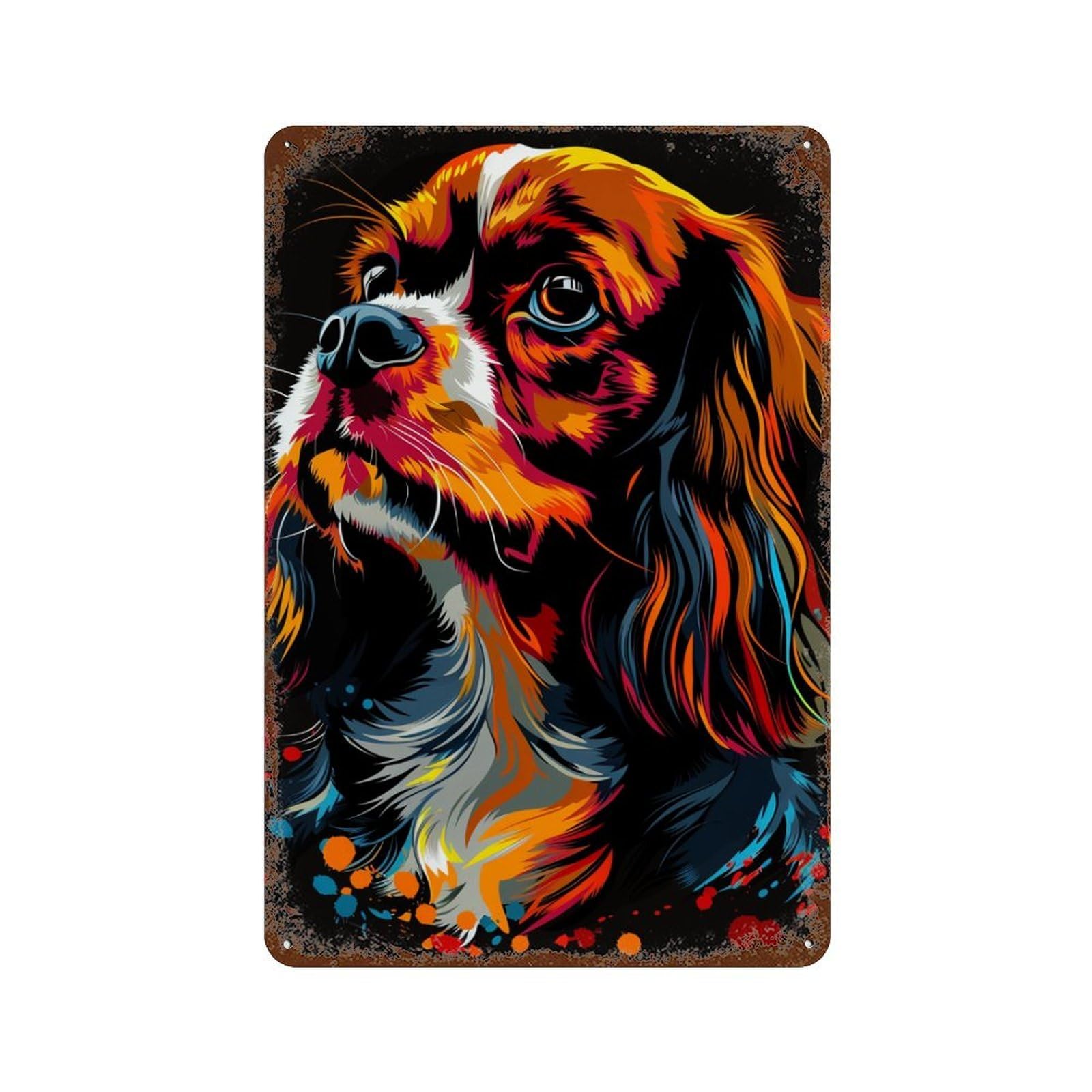 Colorful Cavalier King Charles Spaniel Art Print 11.8"x7.9" Weathered Tin Sign, Shabby Chic Decor for Farmhouse, Kitchen And Entryway Decor