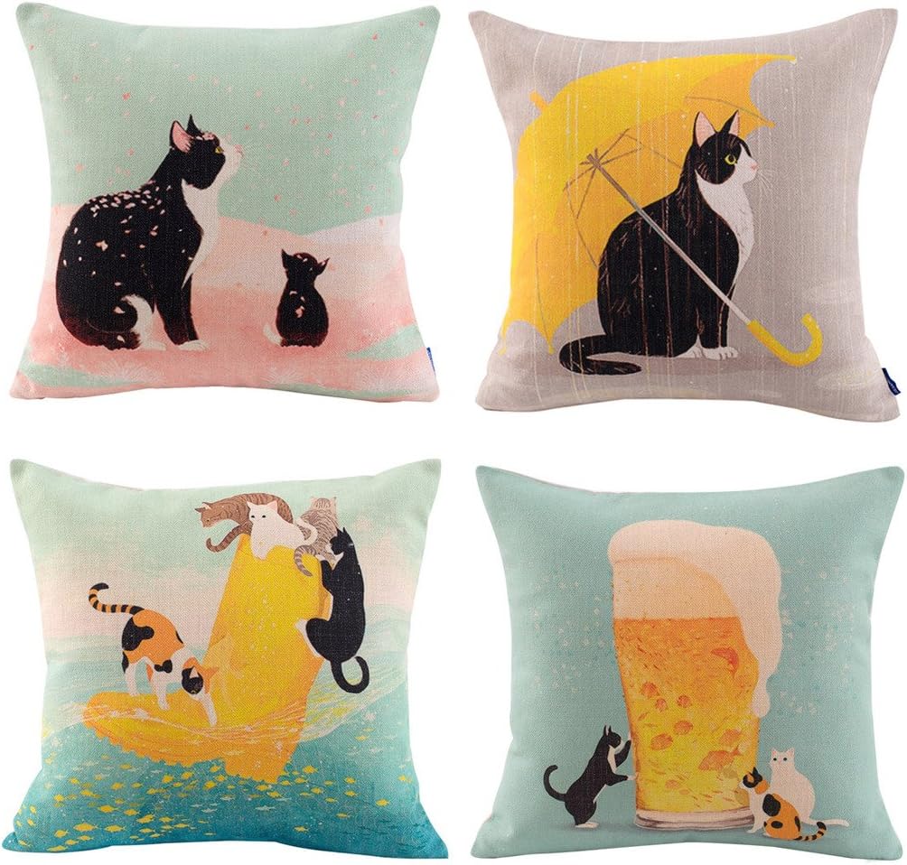 JES&MEDIS Set of 4 Cute Cat Theme Print Square Throw Pillow Cover Cotton Linen Spring Home Decorative Cushion Case for Bed Office Car 18 x 18 Inches