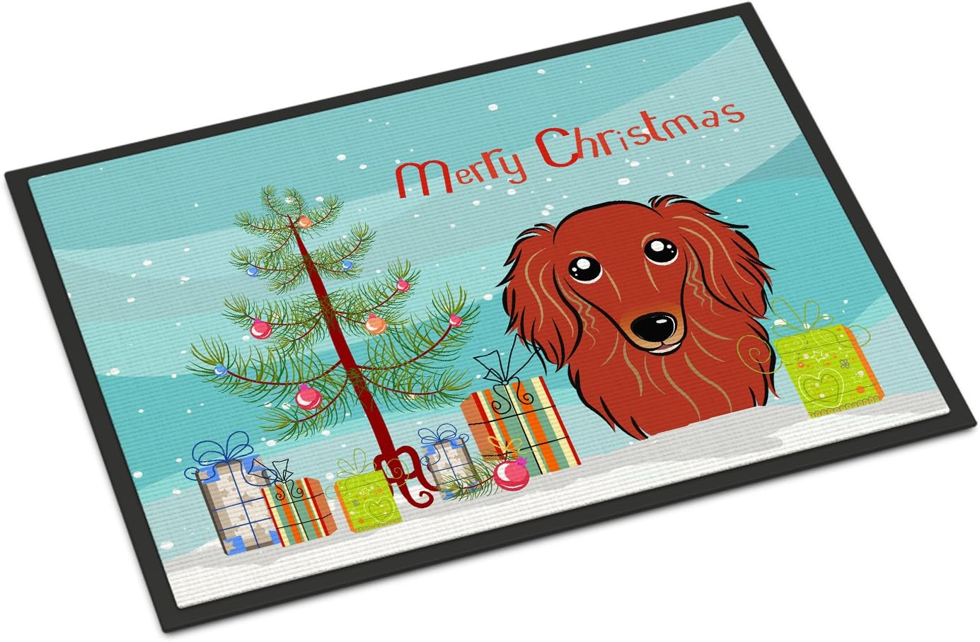 Caroline's Treasures BB1586MAT Christmas Tree and Longhair Red Dachshund Doormat 18x27 Front Door Mat Indoor Outdoor Rugs for Entryway, Non Slip Washable Low Pile, 18H X 27W
