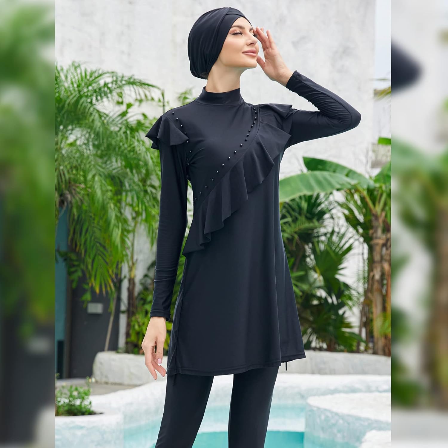 Women Muslim Swimwear Islamic Modest Swimsuit 3 Pieces Full Cover Hijab Long Sleeve Burkini Top Dress + Pants
