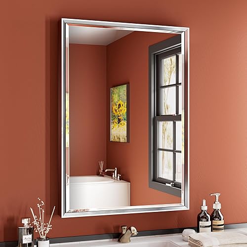 Espejo de baño plateado, espejo de tocador plateado biselado de 22 x 30 pulgadas para pared de baño, espejo con marco de metal plateado