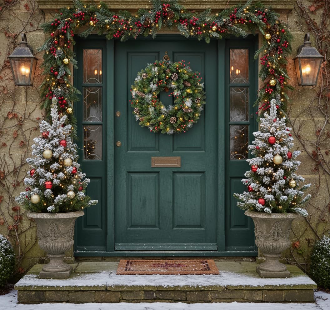 40CM Türkranz Weihnachten,Weihnachtskranz Haustür mit 30 LEDs,Weihnachtskranz mit Laterne, Kugeln, Beeren & Schleifen, weihnachtstürkranz, Weihnachten Dekor
