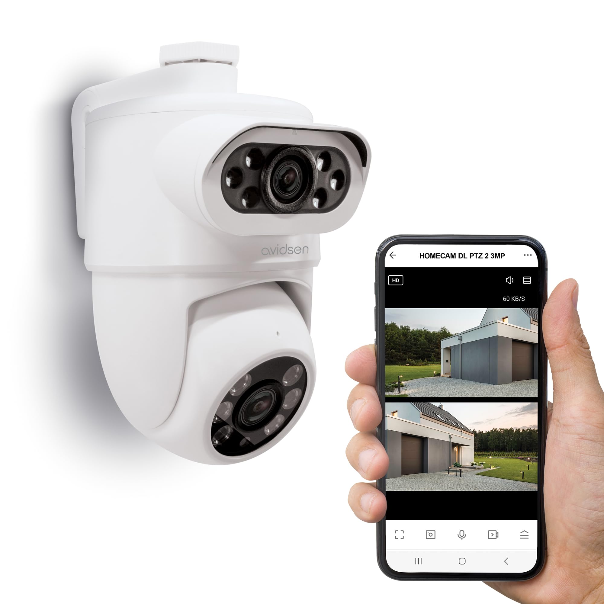 Avidsen HomeCam Dual 2K 3MP — Caméra de Surveillance Extérieure Filaire WiFi Double Objectif, PTZ 355°/90°, Suivi Automatique, Sirène 80dB, LED 150 Lumens, Vision Nocturne Couleur