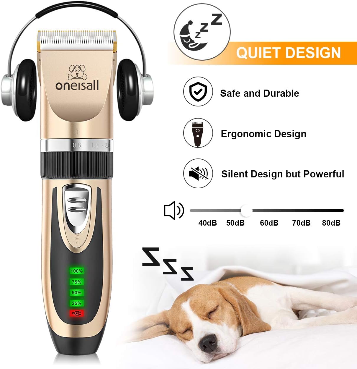 oneisall Dog Clippers Low Noise, 2-Speed Quiet Dog Grooming Kit Rechargeable Cordless Pet Hair Clipper Trimmer Shaver for Small and Large Dogs Cats Animals，Gold