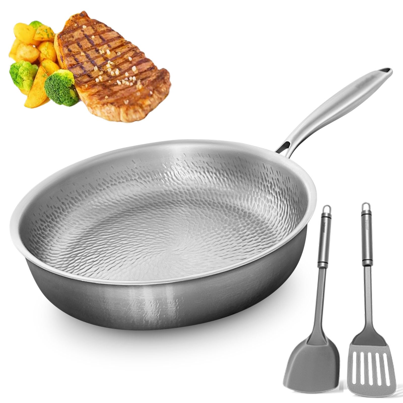 LLELEMAMO Titanium Pan, 100% Pure Titanium Frying Pan for Cooking, Titaniums Cookware, Dishwasher-Safe, No-Coating Nonstick Skillet Fast Heating with Spatula with All Cooktops (30 Cm Without Lid)