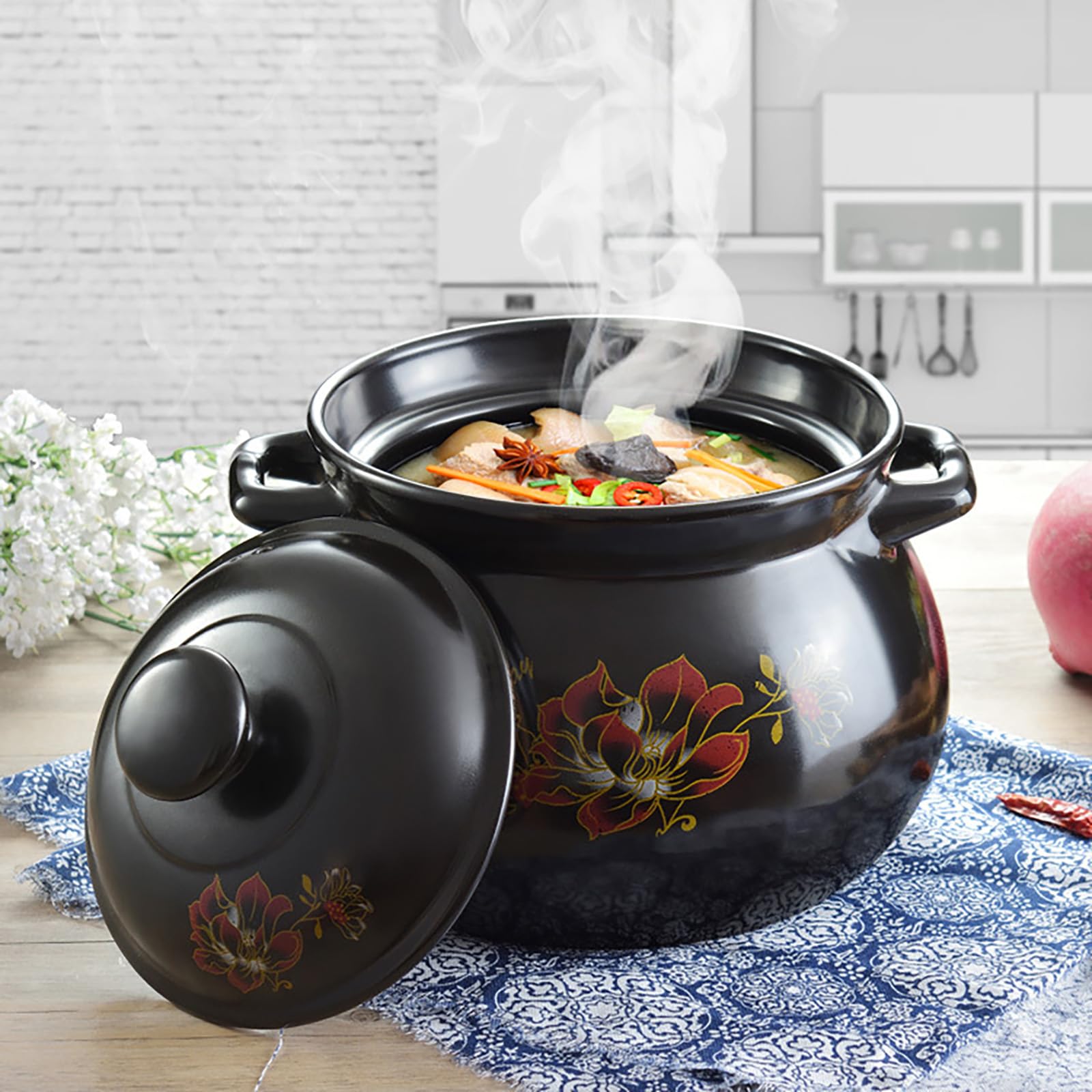 YLME Cazuela con Tapa Olla Grande de Barro para cocinar Olla de cerámica Natural Resistente al Calor Ideal para guisos sopas arroz y Platos estofados Apta para la Cocina y el Horno,3L