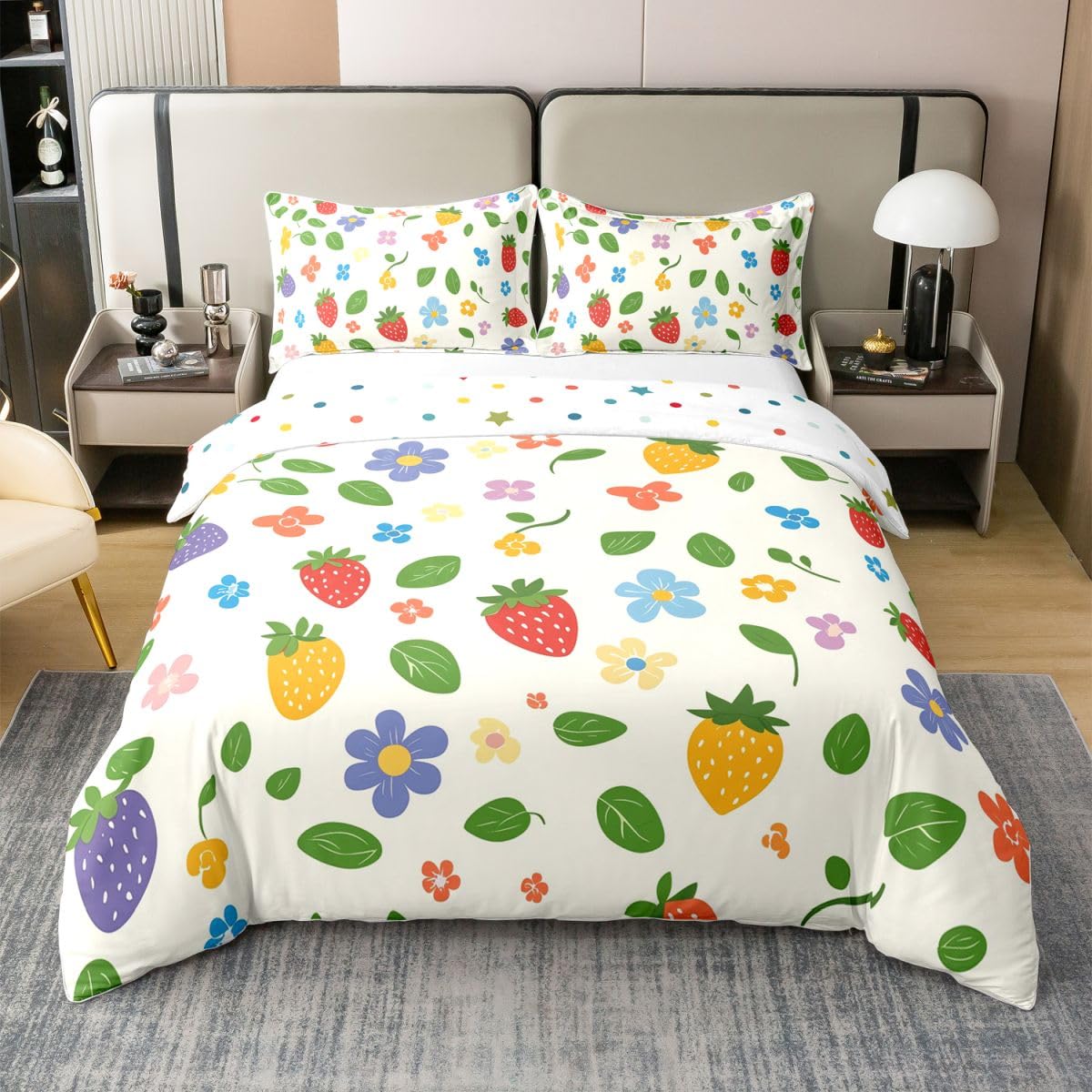 Parure de lit 3 pièces anti-transpiration en coton naturel motifs fleurs de fraise pour lit L