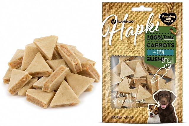 Snacks para Perros - Hapki Cubos de Sushi con Zanahoria y Pescado - Sin Cereales - 85 g - Flamingo