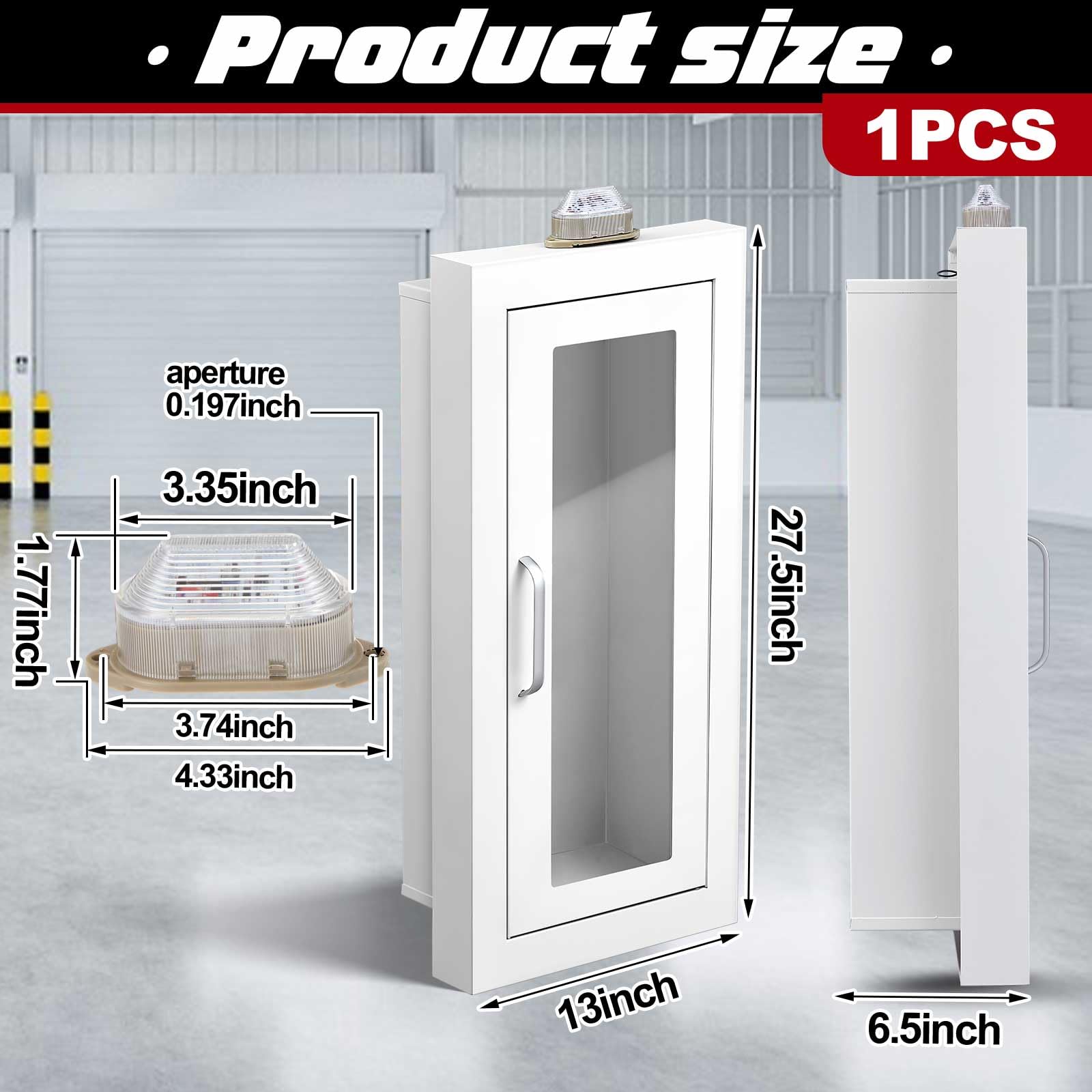 Zonon Extintor empotrado con alarma, caja de seguridad de acero blanco montada en la pared, puerta magnética y ventana transparente para extintor químico seco de 10 libras (borde ancho)