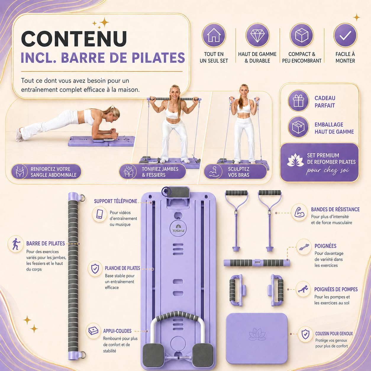 Yosana Planche de Pilates I Reformer pour la maison I Planche de fitness 8 en 1 pliable et portable I Entraîneur abdominal avec coussin pour genoux, bandes de résistance et barre de Pilates I Design