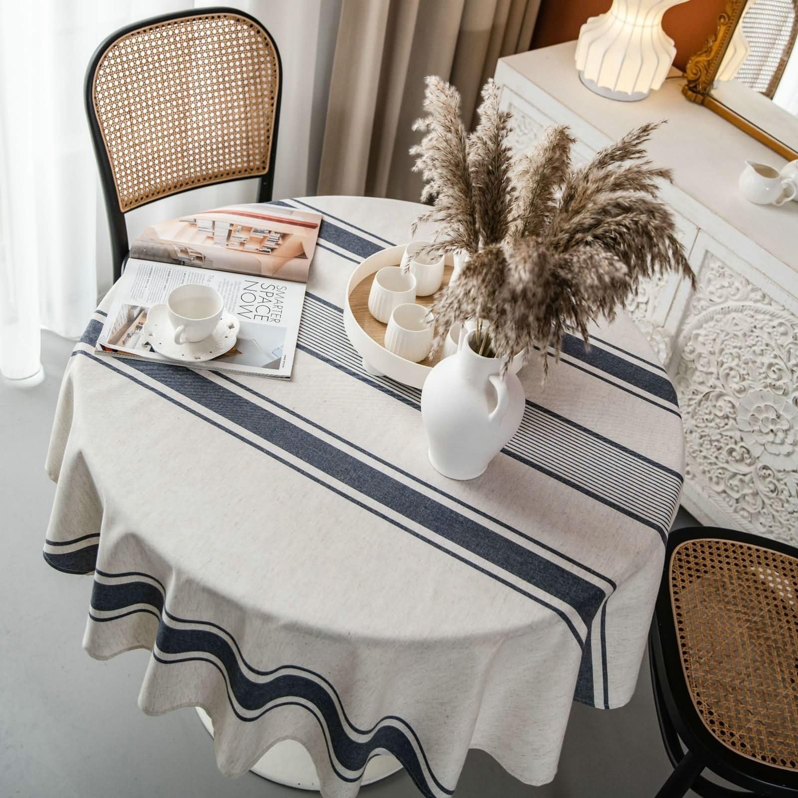 Nappe ronde 150cm en coton lin bleu marine à larges rayures KnSam