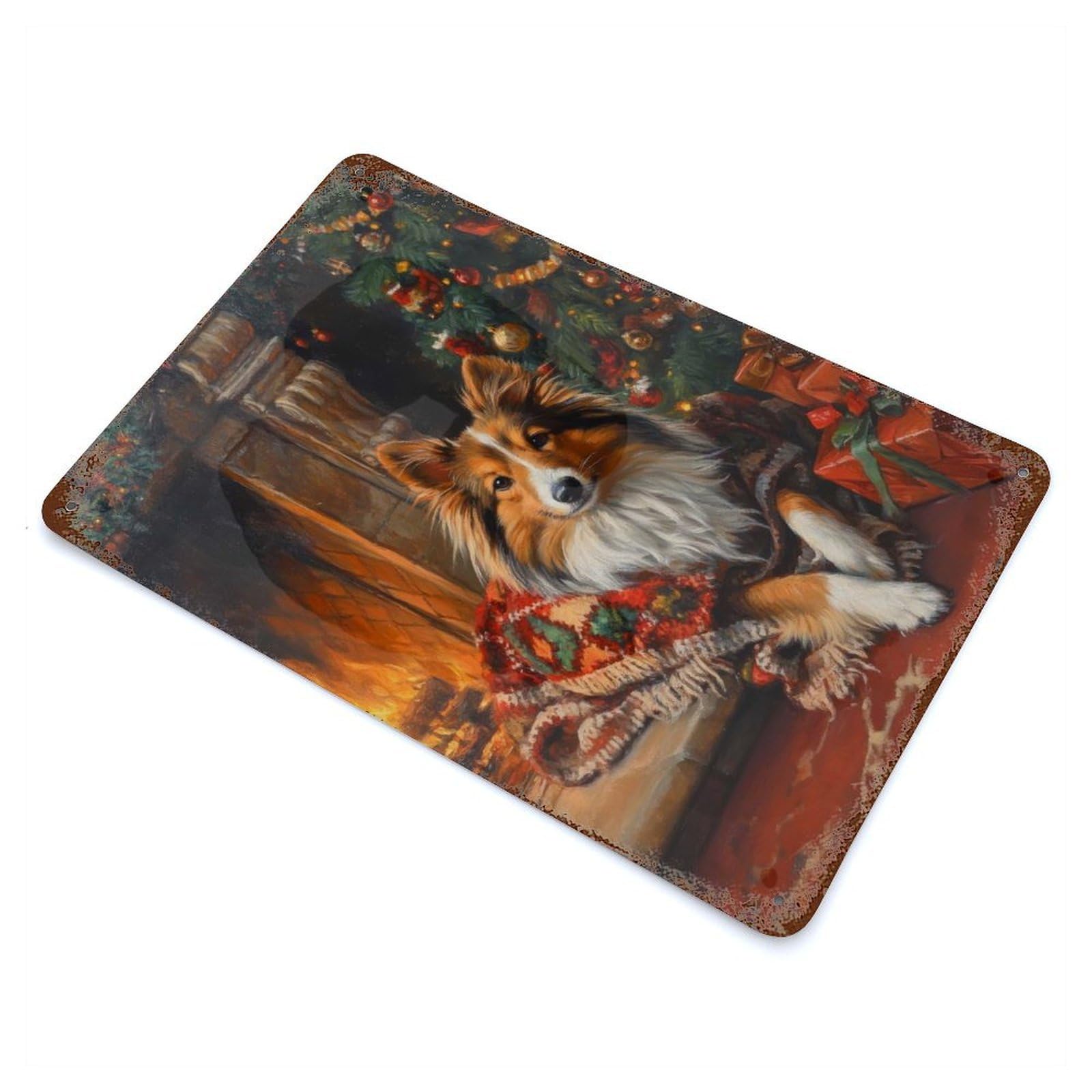 Rust Effect Cozy Christmas Shetland Sheepdog by Fireplace Painting Aged Metal Wall Plaque 11.8"x7.9", Rustic Home Decor for Bistro, Counter And Cafe Decor