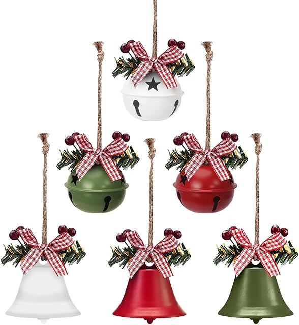 WWW Christmas Bell Ornaments,6 Pcs Metal Jingle Bells with Bowknot and Holly Berry for Christmas Tree Decorations,Window Door Christmas Holiday Party Supplies,3 Colors
