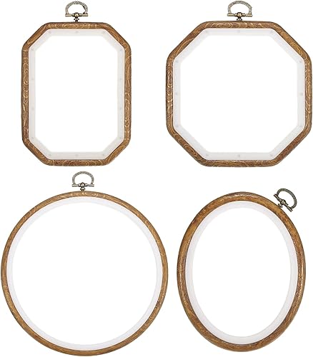 PATIKIL Juego de 4 aros de bordado, marco de madera sintética, círculo, ovalado, rectangular, octogonal, punto de cruz, anillo de aro para bordar,