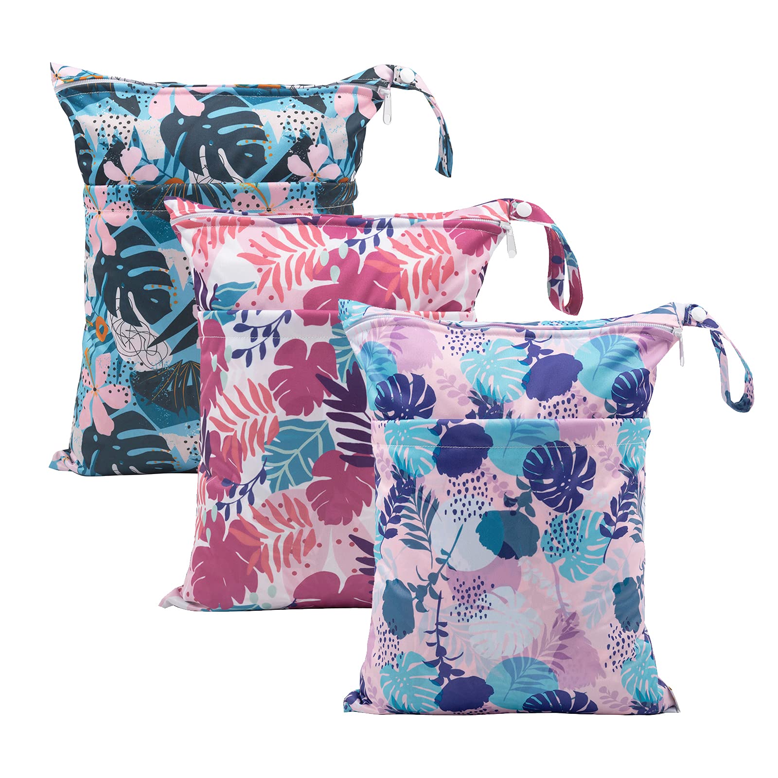 babygoal Wet Dry Bags for Baby Cloth Diapers, Washable Travel Bags, Beach, Pool, Gym Bag for Swimsuits & Wet Clothes with Two Zippered Pockets 3 Pack,