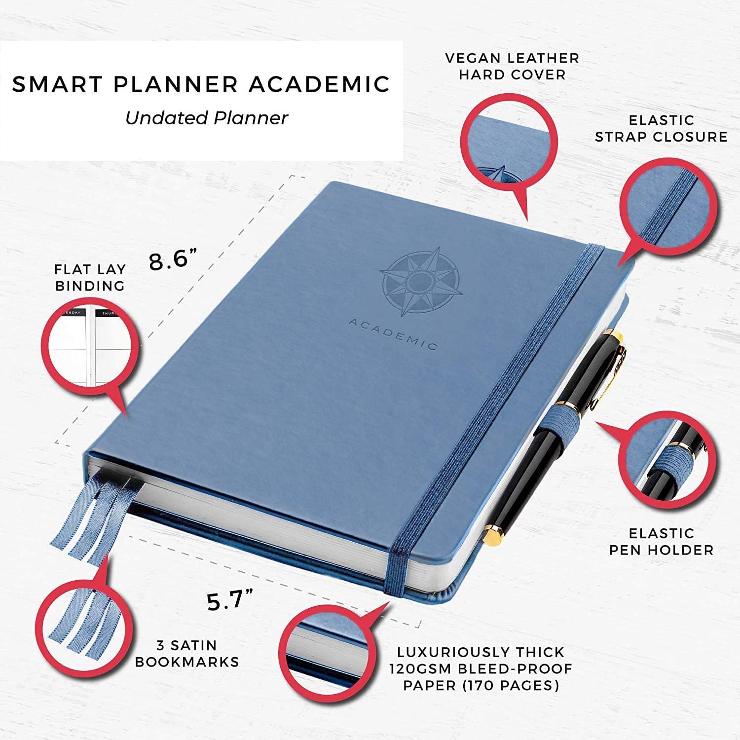 Smart Academic Planner - A5 Size 8.6 x 5.7 inches - Undated Daily Planner for School - Daily, Weekly, and Monthly Scheduling - Student Planner for Maximizing Focus and Productivity (Blue)