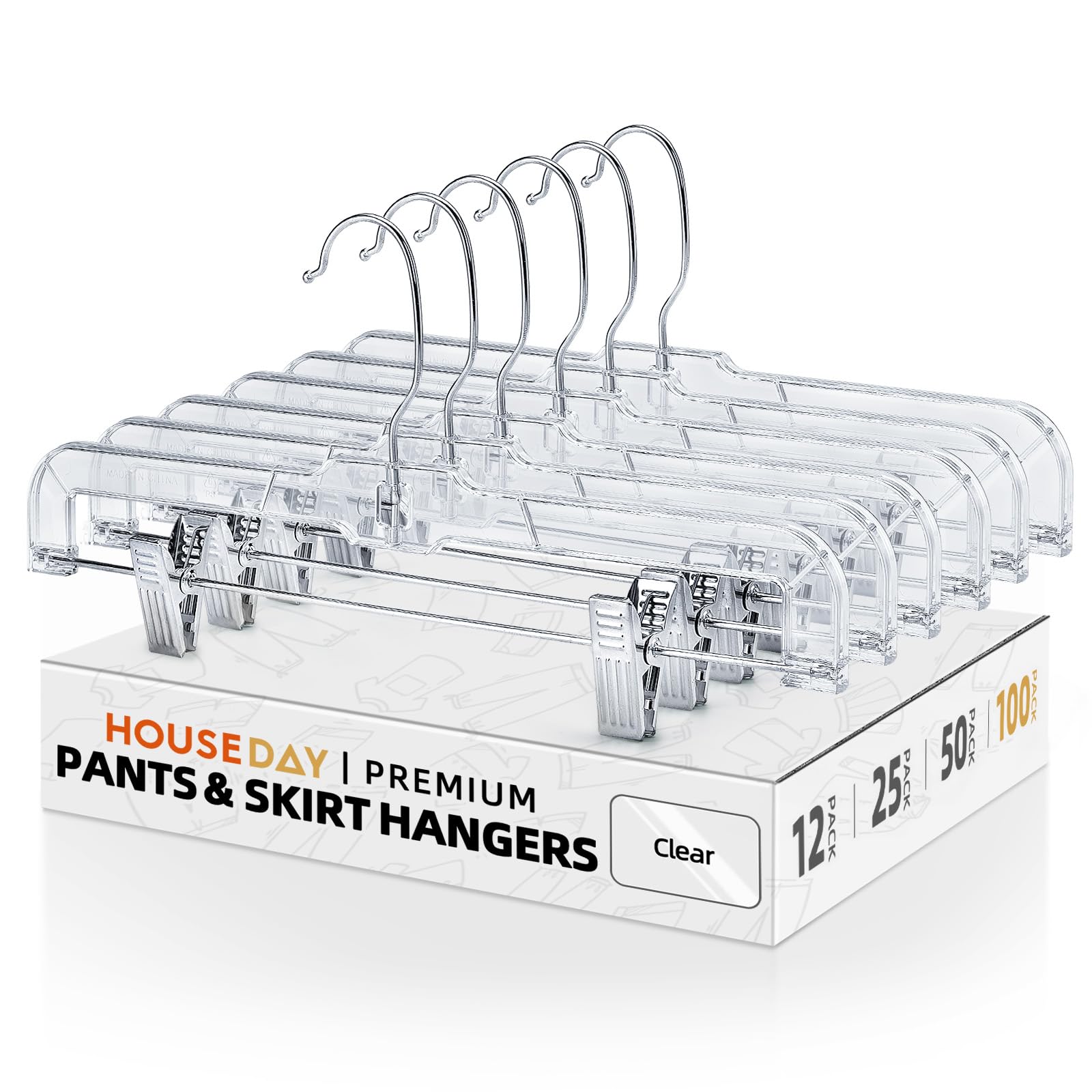 HOUSE DAY 100 Pack Plastic Skirt Hangers, 14'' Non Slip Clip Hangers