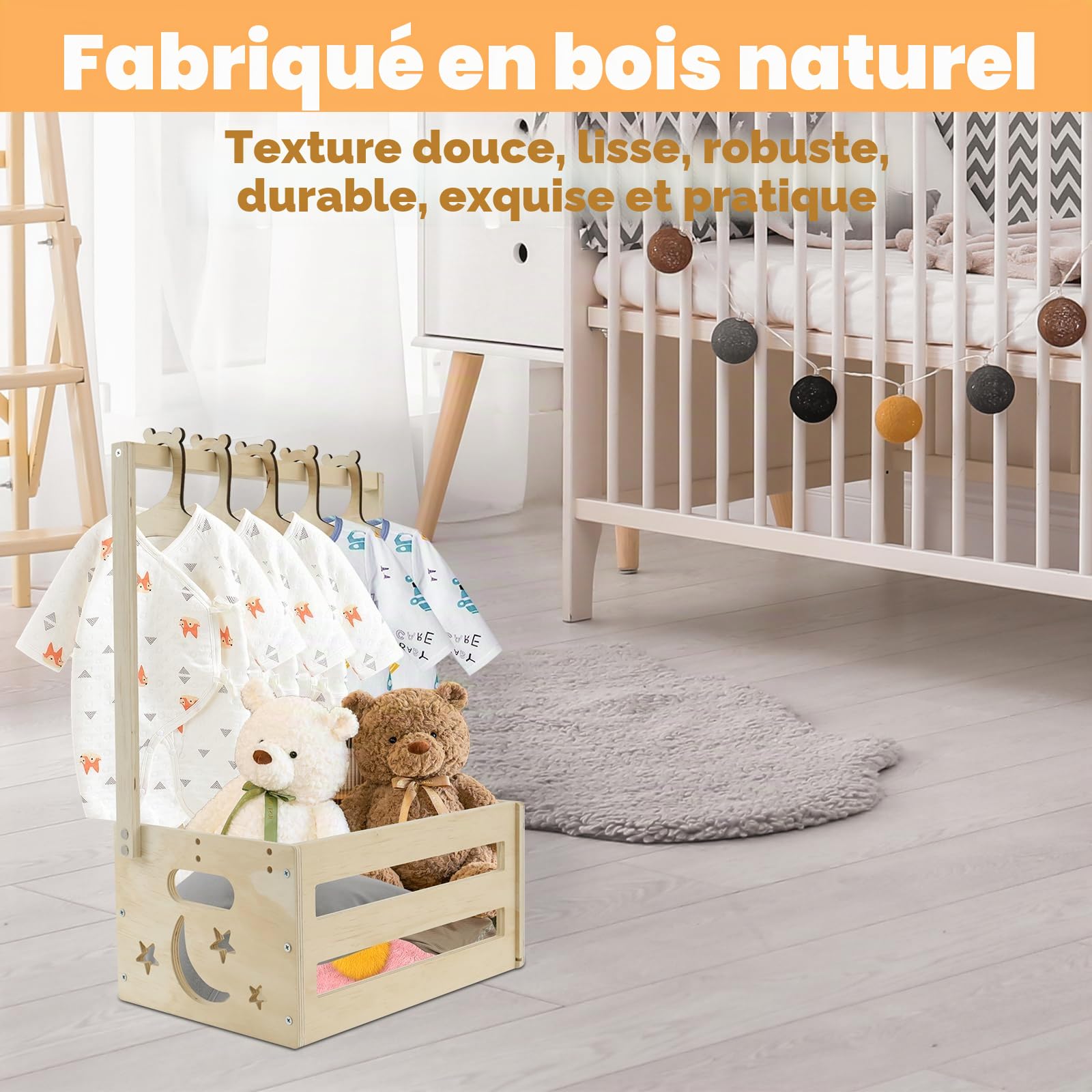 Panier Cadeau Bébé en Bois BOBASH - Armoire Bébé avec Poignée et 5 Cintres en Bois - Panier de Rangement pour Bébé - Idéal pour les Baby Showers, Anniversaires, Noël - Nouveaux Parents