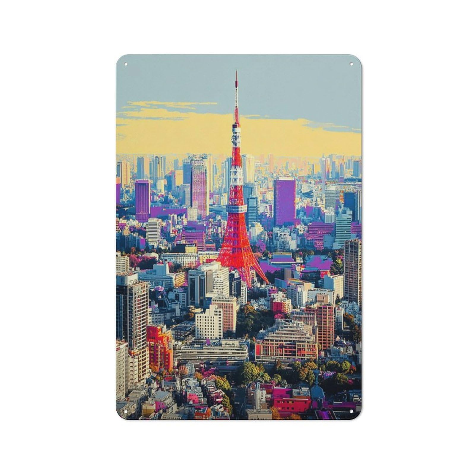 Junmoney Tokyo Tower A Vibrant Cityscape Industrial Tin Sign 30X20cm, Garage Wall Decor For Garage, Hobby Room, Office Or Man Cave