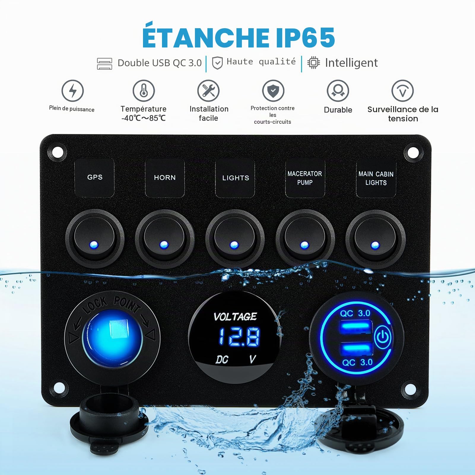 Kohree UPGRADED Panneau d'interrupteur 12 V/24 V + interrupteur USB, étanche IP65, double chargeur USB, voltmètre LED, allume-cigare, 5 interrupteurs à bascule marche/arrêt, panneau pour voiture,
