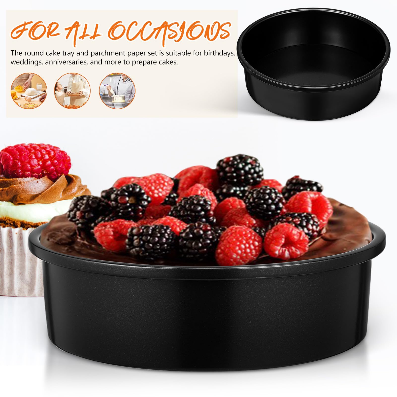 Abaodam 3 Piezas Molde Redondo Antiadherente para Hornear, Molde para Tartas Circular de 8 Pulgadas, Negro, Acero al Carbono y Papel de Pergamino, 100 Hojas, para Bodas y Aniversarios