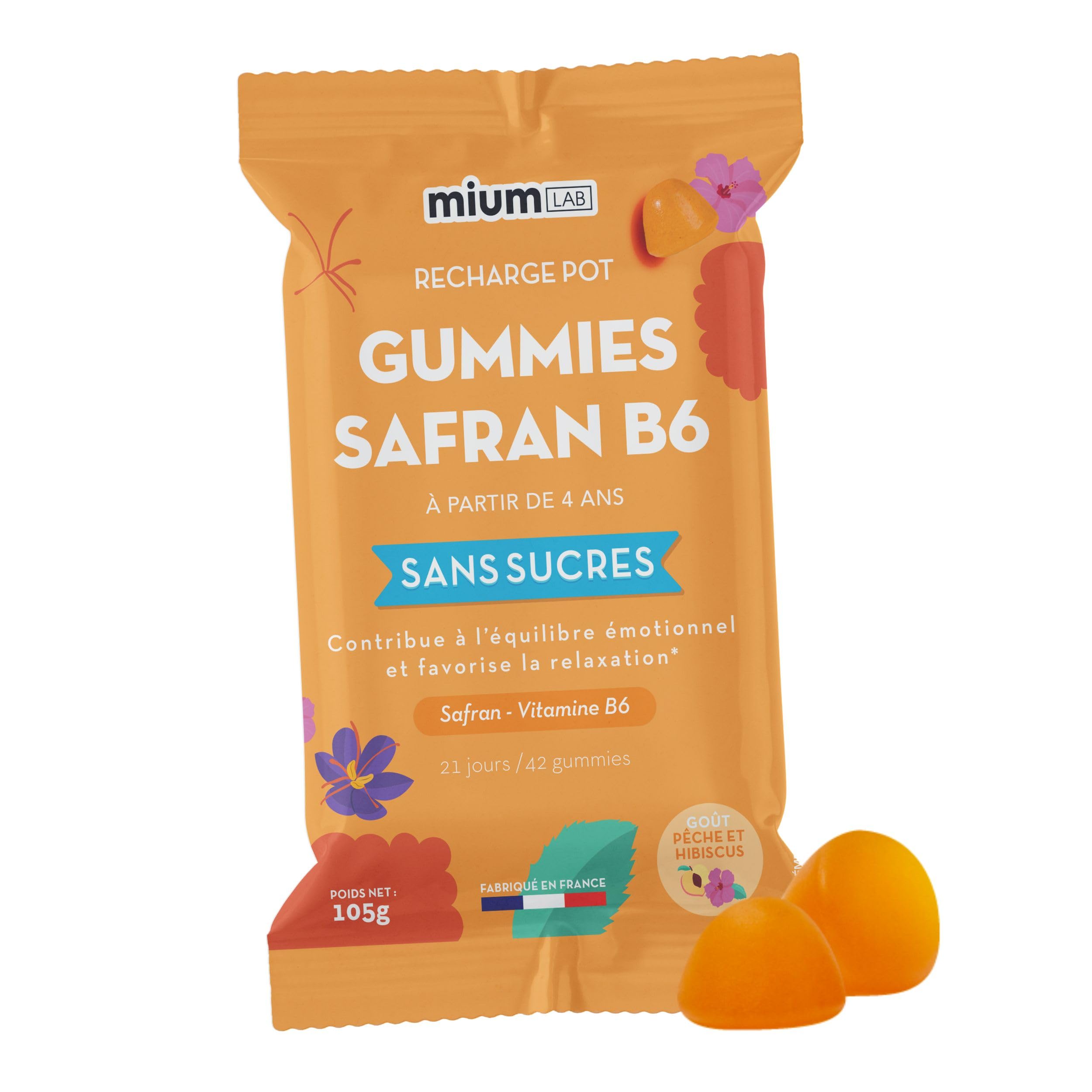 Mium Lab Éco-recharge Gummies Safran & Vit B6 - Anti-stress, Améliore l'Humeur - Enfants & Adultes