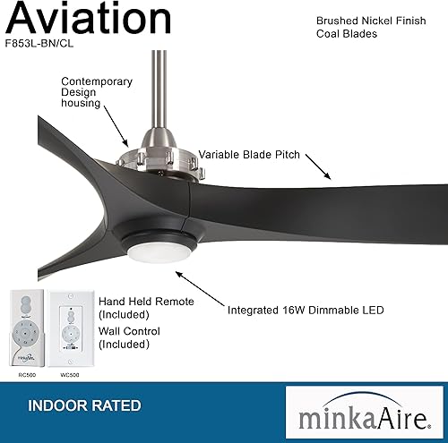 Miniatura 2 de MINKA-AIRE F853L-BN/CL, Ventilador de techo de aviación de 60 pulgadas con kit de luz LED, acabado de níquel/carbón cepillado con control de pared