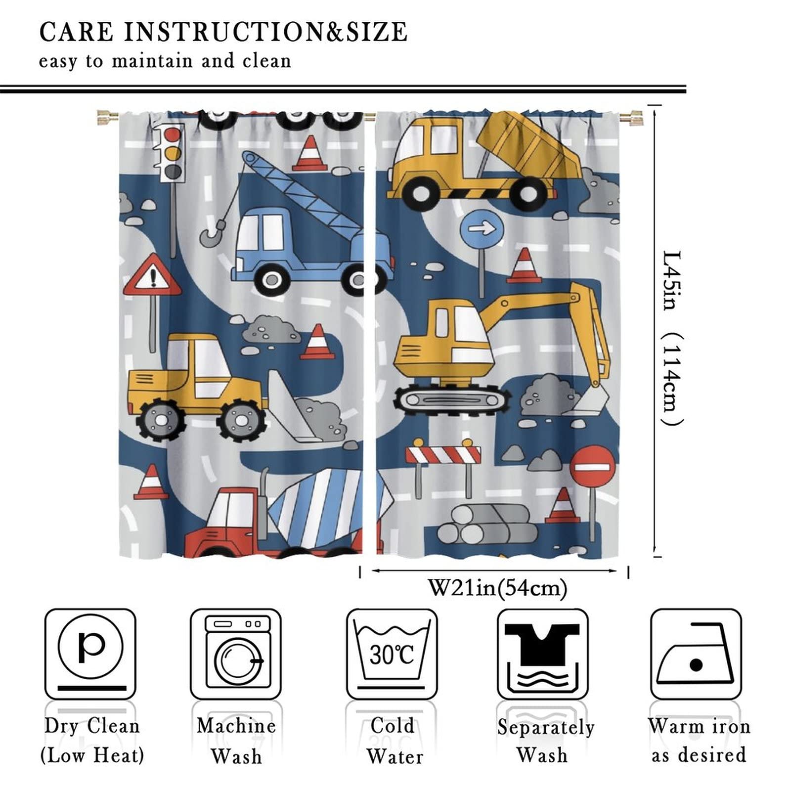 Construction Truck Curtains Rod Pocket Cartoon Excavator for Boys Kids Child Machinery for Living Room Bedroom Window Drapes Treatment Fabric Set 2 Panels,42x45 Inches