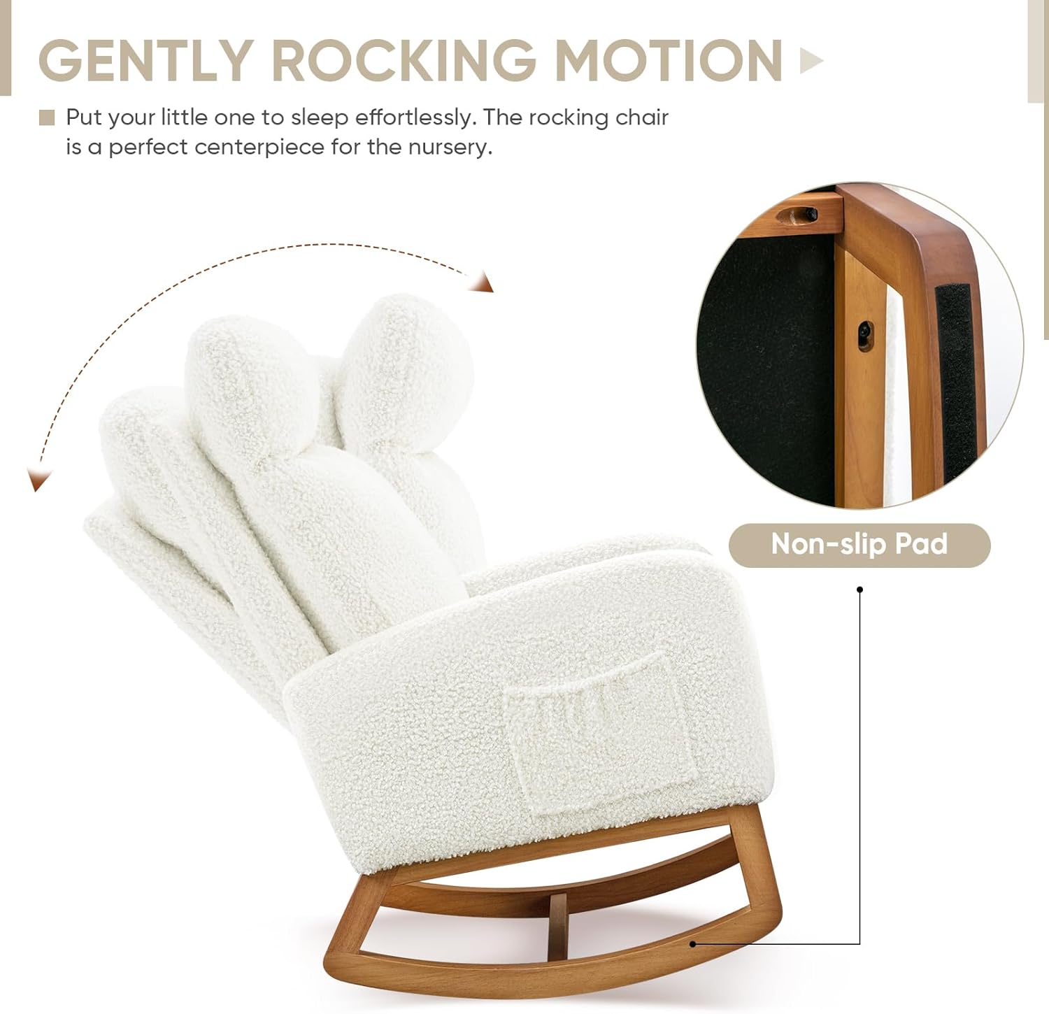 Nursery Rocking Glider Chair, Modern Fabric Tall Back Accent Rocker Chair Upholstered Arm Chair w/Side Pockets, Modern Leisure Single Sofa for Living Room, Hotel, Bedroom, Office, Cream