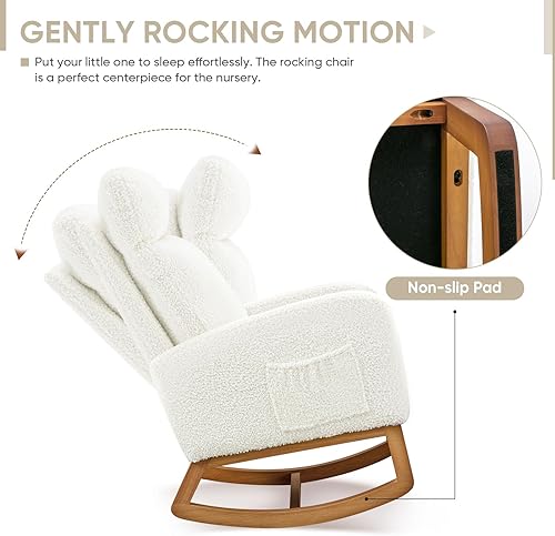 Miniatura 6 de Silla mecedora para guardería, silla mecedora de tela moderna con respaldo alto, silla mecedora tapizada con bolsillos laterales, sofá individual