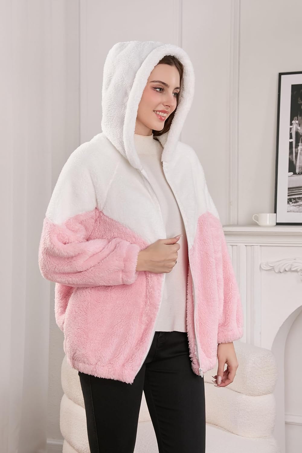 YMSHOPE Autumn/Winter Fleece-Lined Warm Jacket Unisex Patchwork Zipper Hoodie Soft Faux Fleece Casual Oversized Winter Wear