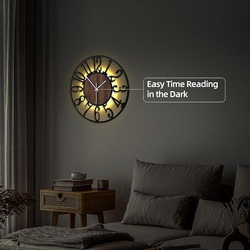 Miniatura 5 de Reloj de pared ultra silencioso de 20 pulgadas con luz nocturna, reloj de pared decorativo que brilla en la oscuridad, funciona con pilas, relojes