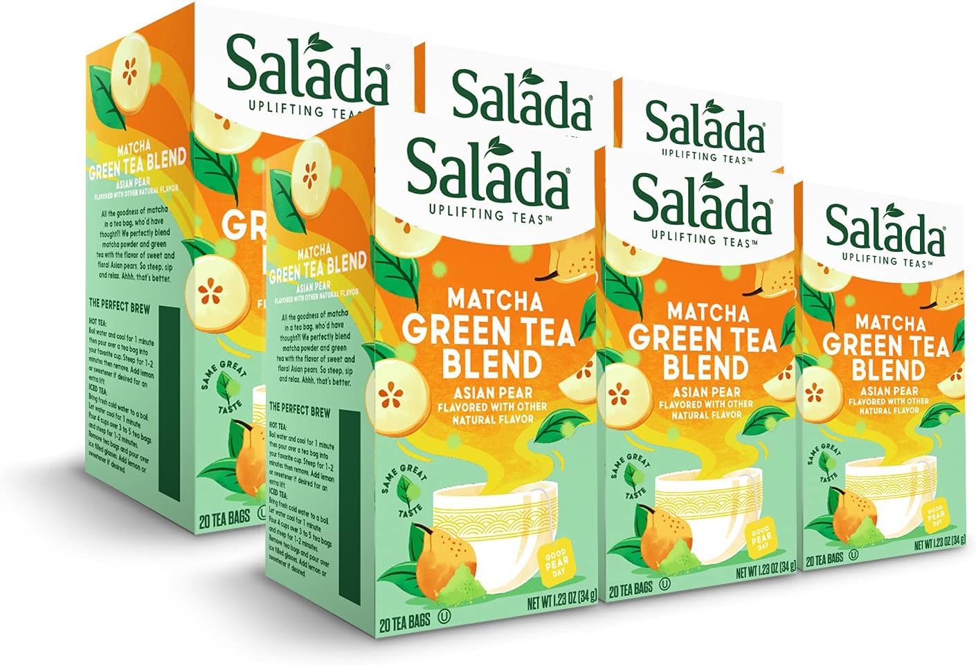 SaladaAsian Pear Matcha Green Tea Blend with 20 Individually Wrapped Tea Bags Per Box (Pack of 6) Brew Hot Naturally Flavored Infused with Real Fruit Juice Green Tea Served Hot/Cold