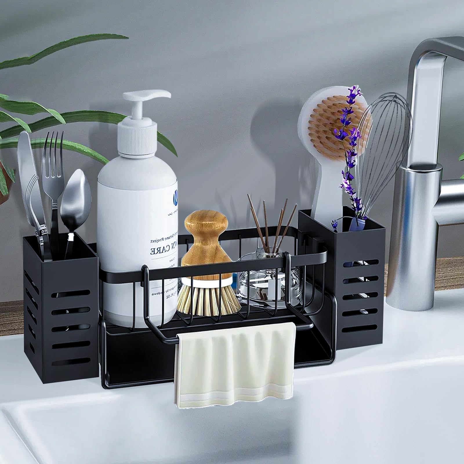 HIYAA Organizzazione e conservazione della cucina, organizzatore lavello cucina con vassoio di flusso automatico, porta spugna lavello cucina con porta asciugamani-nero