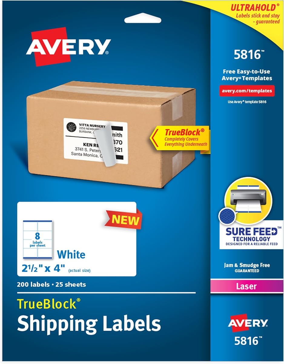 Avery Etiquetas de envío en blanco imprimibles, 2.5" x 4", blancas, 200 etiquetas, impresora láser, adhesivo permanente (5816)