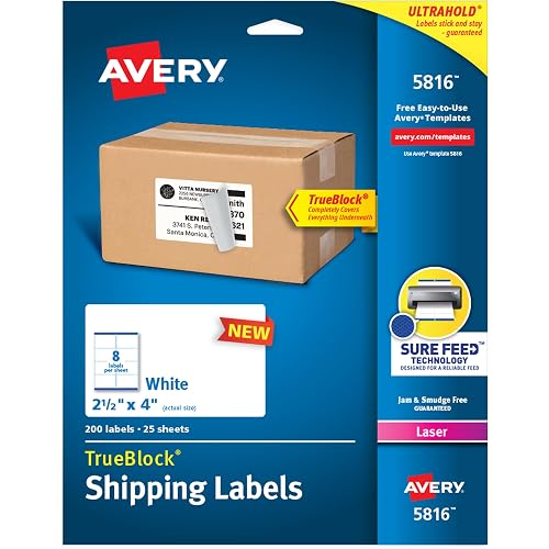 Avery Printable Blank Shipping Labels, 2.5" x 4", White, 200 Labels, Laser Printer, Permanent Adhesive (5816)
