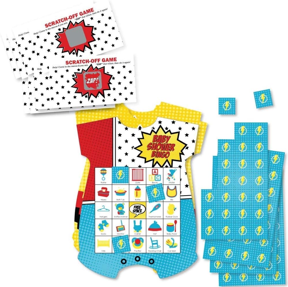 Big Dot of Happiness BAM! Superhero Party Game Set – Baby Shower Party Game Supplies Kit – Bingo Cards and Scratch-Off Cards Party Virtual Bundle