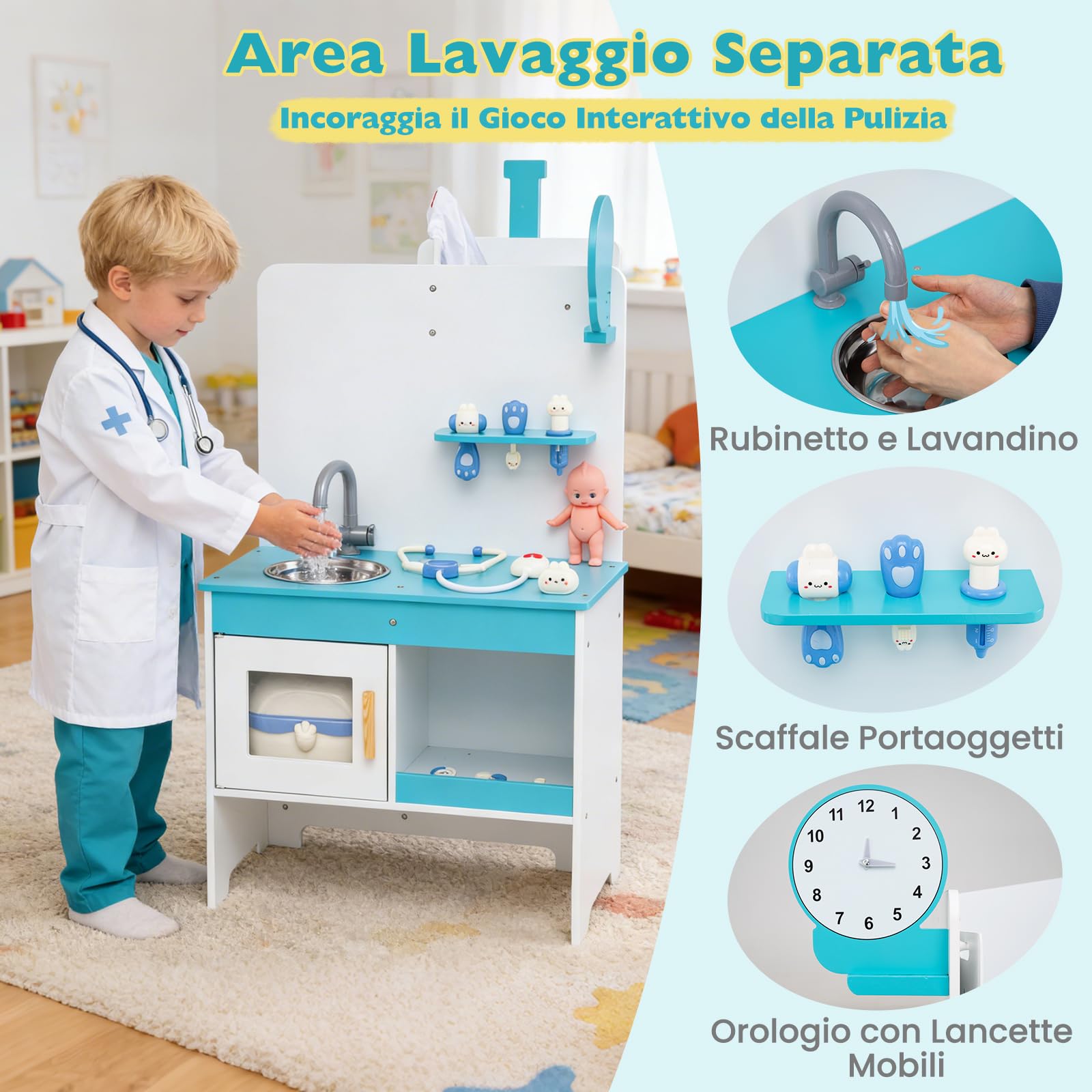 COSTWAY Kit Dottoressa Bambini a Tre Facce, Centro Medico Giocattolo in Legno con Monitor ECG, Rubinetto e 27 Accessori, Luci e Suoni, Regalo Bambini 3-6 Anni, 93 x 54,5 x 98,5 cm
