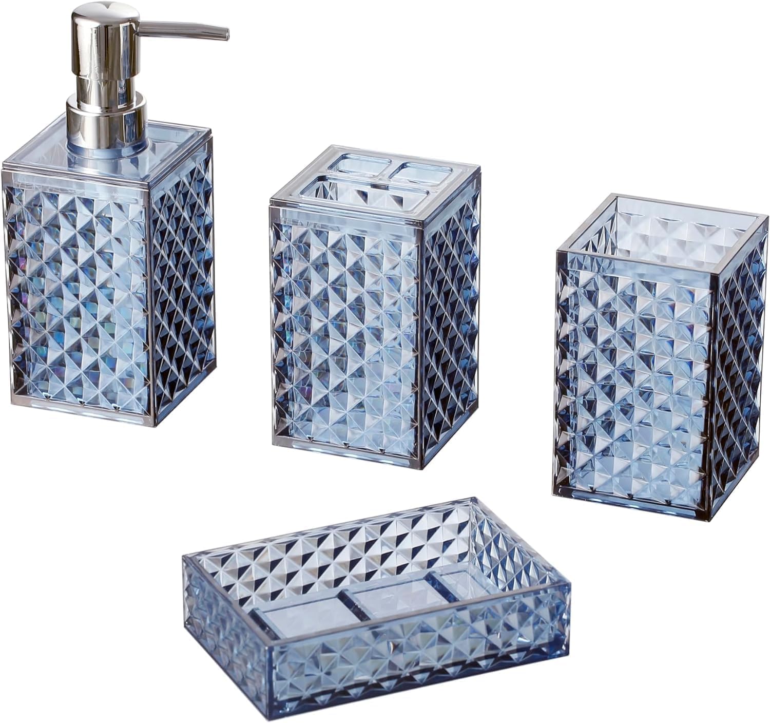 MostNow Premium Bathroom Accessory Set,4 Pcs Modern Glass Bathroom Decor Vanity Organizer, Lotion Soap Dispenser, Soap Dish, Toothbrush Holder, Tumbler,Perfect for Bathroom Theme Gift (Blue)
