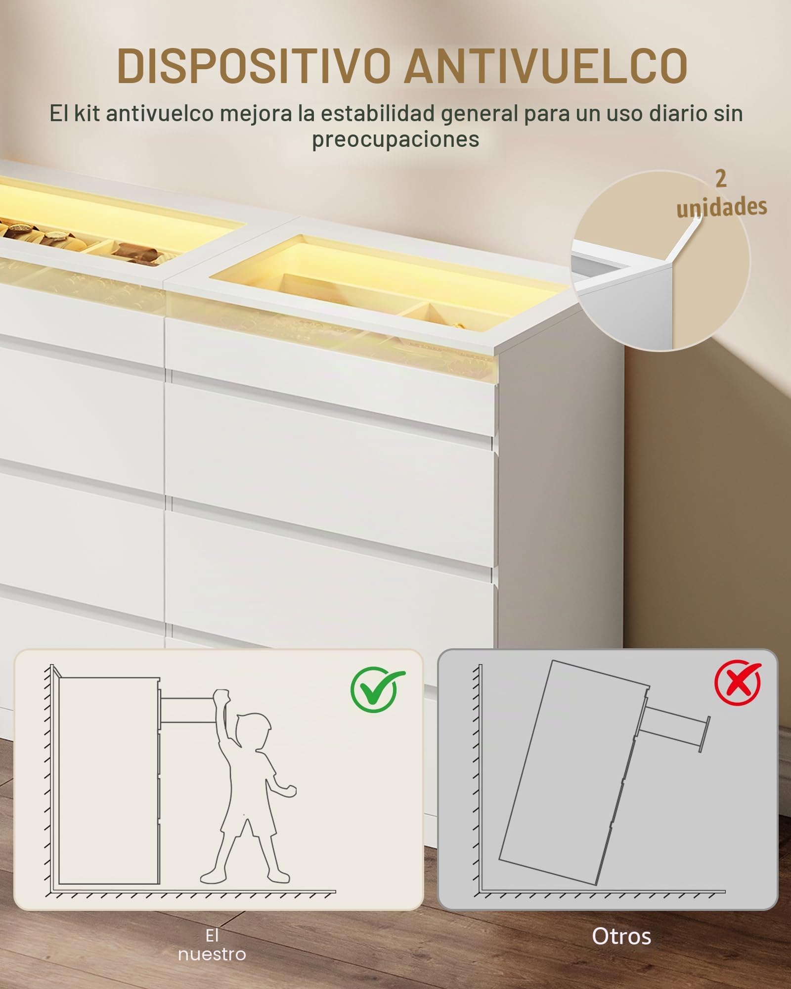 Hzuaner Cómoda Equipada con LED, Cómoda para Dormitorio con Encimera de Vidrio, Mueble Moderno para TV de Salón, 8 Cajones, Adecuado para Pasillo, Sala, Recibidor 40 x 120 x 80 cm Blanco 1212003XEU