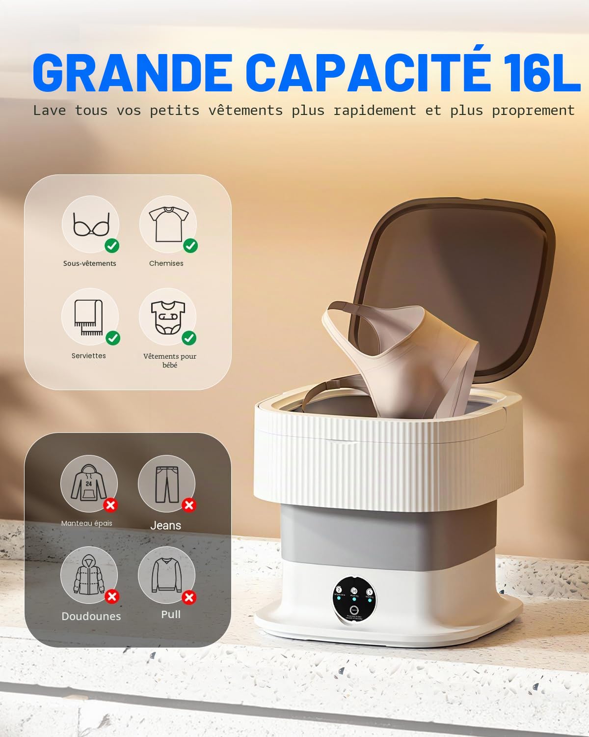 SUPAREE 16L Mini Machine à Laver Pliable Portable 1.8kg pour Camping Car Appartements