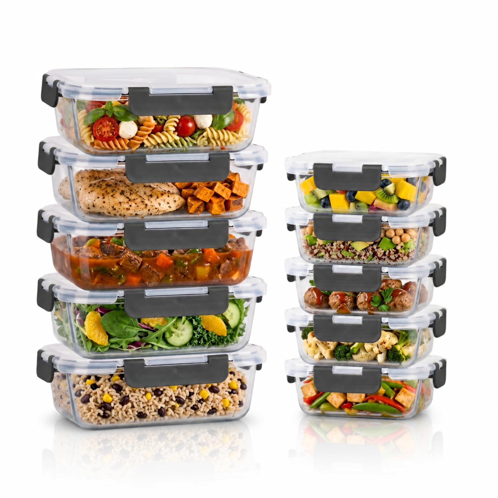 Straame Transparent Glass Meal Prep Containers 10 Pack, 1050Ml & 370Ml Rectangular Tubs