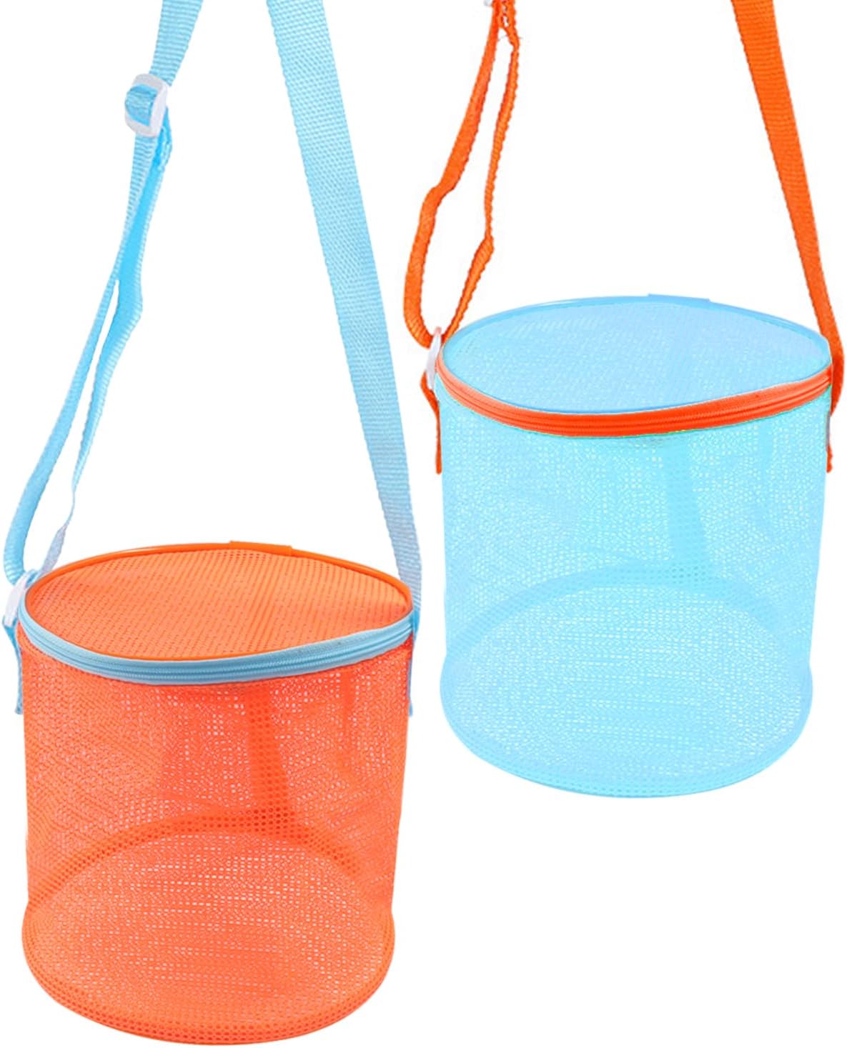 Sea Shell Bags for Beach, 2pcs Mesh Shell Collecting Tools with Blue & Orange Straps, 6 Inch Sand Toys Storage Bucket for Kids, Beach Vacation Essentials