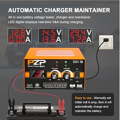 Miniatura 5 de Cargadormantenedor manual de batería, 0-15 A, 1224 V, cargador automotriz de goteo automático para baterías de automóvil, camión, lancha, marinas de