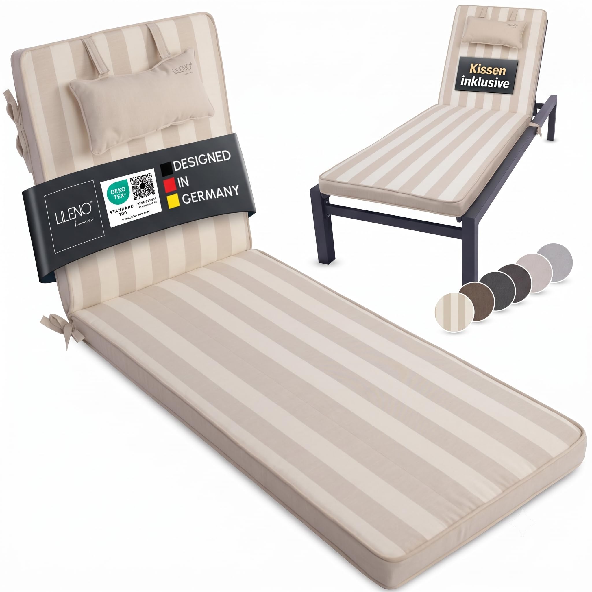 LILENO HOME Tumbona con almohada, juego de 1 silla de ruedas en franjas de bloques, color beige | Bloques de rayas beige – Tumbona de jardín perfecta para tumbona de playa – Cojín para tumbona de jardín Dub